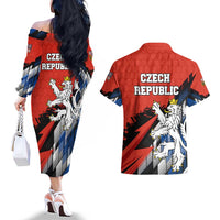Czech Republic Couples Matching Off The Shoulder Long Sleeve Dress and Hawaiian Shirt with Red Black Blue Brushstroke Design and National Lion - Wonder Print Shop