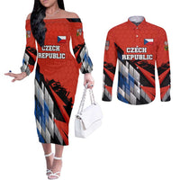 Czech Republic Couples Matching Off The Shoulder Long Sleeve Dress and Long Sleeve Button Shirt with Red Black Blue Brushstroke Design and National Lion - Wonder Print Shop