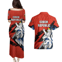 Czech Republic Couples Matching Puletasi and Hawaiian Shirt with Red Black Blue Brushstroke Design and National Lion - Wonder Print Shop