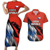 Czech Republic Couples Matching Short Sleeve Bodycon Dress and Hawaiian Shirt with Red Black Blue Brushstroke Design and National Lion - Wonder Print Shop