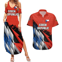 Czech Republic Couples Matching Summer Maxi Dress and Hawaiian Shirt with Red Black Blue Brushstroke Design and National Lion - Wonder Print Shop