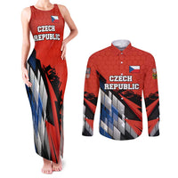 Czech Republic Couples Matching Tank Maxi Dress and Long Sleeve Button Shirt with Red Black Blue Brushstroke Design and National Lion - Wonder Print Shop