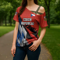 Czech Republic Cross Shoulder Shirt with Red Black Blue Brushstroke Design and National Lion - Wonder Print Shop