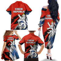 Czech Republic Family Matching Off The Shoulder Long Sleeve Dress and Hawaiian Shirt with Red Black Blue Brushstroke Design and National Lion - Wonder Print Shop