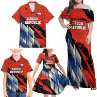 Czech Republic Family Matching Off Shoulder Maxi Dress and Hawaiian Shirt with Red Black Blue Brushstroke Design and National Lion - Wonder Print Shop