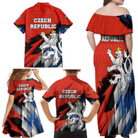 Czech Republic Family Matching Off Shoulder Maxi Dress and Hawaiian Shirt with Red Black Blue Brushstroke Design and National Lion - Wonder Print Shop