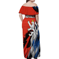 Czech Republic Family Matching Off Shoulder Maxi Dress and Hawaiian Shirt with Red Black Blue Brushstroke Design and National Lion - Wonder Print Shop