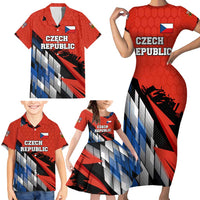 Czech Republic Family Matching Short Sleeve Bodycon Dress and Hawaiian Shirt with Red Black Blue Brushstroke Design and National Lion - Wonder Print Shop