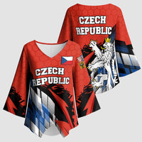 Czech Republic Kimono Sleeve Blouse with Red Black Blue Brushstroke Design and National Lion - Wonder Print Shop