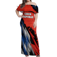 Czech Republic Off Shoulder Maxi Dress with Red Black Blue Brushstroke Design and National Lion - Wonder Print Shop