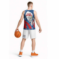 Czech Republic Basketball Jersey with Blue Red Folk Pattern Design and National Lion Emblem - Wonder Print Shop
