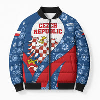 Czech Republic Bomber Puffer Jacket with Blue Red Folk Pattern Design and National Lion Emblem - Wonder Print Shop