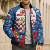 Czech Republic Bomber Puffer Jacket with Blue Red Folk Pattern Design and National Lion Emblem - Wonder Print Shop