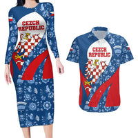 Czech Republic Couples Matching Long Sleeve Bodycon Dress and Hawaiian Shirt with Blue Red Folk Pattern Design and National Lion Emblem - Wonder Print Shop