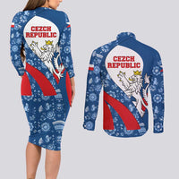 Czech Republic Couples Matching Long Sleeve Bodycon Dress and Long Sleeve Button Shirt with Blue Red Folk Pattern Design and National Lion Emblem - Wonder Print Shop