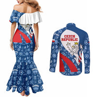 Czech Republic Couples Matching Mermaid Dress and Long Sleeve Button Shirt with Blue Red Folk Pattern Design and National Lion Emblem - Wonder Print Shop