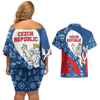 Czech Republic Couples Matching Off Shoulder Short Dress and Hawaiian Shirt with Blue Red Folk Pattern Design and National Lion Emblem - Wonder Print Shop