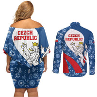 Czech Republic Couples Matching Off Shoulder Short Dress and Long Sleeve Button Shirt with Blue Red Folk Pattern Design and National Lion Emblem - Wonder Print Shop