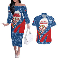 Czech Republic Couples Matching Off The Shoulder Long Sleeve Dress and Hawaiian Shirt with Blue Red Folk Pattern Design and National Lion Emblem - Wonder Print Shop
