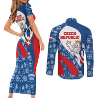 Czech Republic Couples Matching Short Sleeve Bodycon Dress and Long Sleeve Button Shirt with Blue Red Folk Pattern Design and National Lion Emblem - Wonder Print Shop