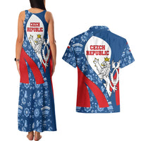 Czech Republic Couples Matching Tank Maxi Dress and Hawaiian Shirt with Blue Red Folk Pattern Design and National Lion Emblem - Wonder Print Shop