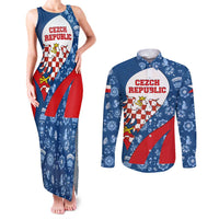 Czech Republic Couples Matching Tank Maxi Dress and Long Sleeve Button Shirt with Blue Red Folk Pattern Design and National Lion Emblem - Wonder Print Shop
