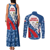 Czech Republic Couples Matching Tank Maxi Dress and Long Sleeve Button Shirt with Blue Red Folk Pattern Design and National Lion Emblem - Wonder Print Shop