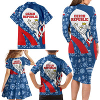 Czech Republic Family Matching Long Sleeve Bodycon Dress and Hawaiian Shirt with Blue Red Folk Pattern Design and National Lion Emblem - Wonder Print Shop