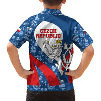 Czech Republic Family Matching Off The Shoulder Long Sleeve Dress and Hawaiian Shirt with Blue Red Folk Pattern Design and National Lion Emblem - Wonder Print Shop