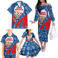 Czech Republic Family Matching Off The Shoulder Long Sleeve Dress and Hawaiian Shirt with Blue Red Folk Pattern Design and National Lion Emblem - Wonder Print Shop