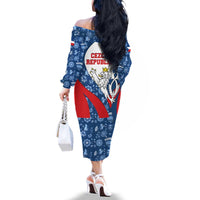 Czech Republic Family Matching Off The Shoulder Long Sleeve Dress and Hawaiian Shirt with Blue Red Folk Pattern Design and National Lion Emblem - Wonder Print Shop