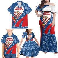 Czech Republic Family Matching Off Shoulder Maxi Dress and Hawaiian Shirt with Blue Red Folk Pattern Design and National Lion Emblem - Wonder Print Shop