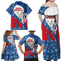 Czech Republic Family Matching Off Shoulder Maxi Dress and Hawaiian Shirt with Blue Red Folk Pattern Design and National Lion Emblem - Wonder Print Shop