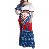 Czech Republic Family Matching Off Shoulder Maxi Dress and Hawaiian Shirt with Blue Red Folk Pattern Design and National Lion Emblem - Wonder Print Shop
