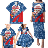 Czech Republic Family Matching Puletasi and Hawaiian Shirt with Blue Red Folk Pattern Design and National Lion Emblem - Wonder Print Shop
