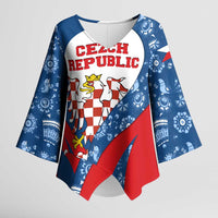 Czech Republic Kimono Sleeve Blouse with Blue Red Folk Pattern Design and National Lion Emblem - Wonder Print Shop
