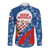 Czech Republic Long Sleeve Button Shirt with Blue Red Folk Pattern Design and National Lion Emblem - Wonder Print Shop