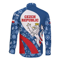 Czech Republic Long Sleeve Button Shirt with Blue Red Folk Pattern Design and National Lion Emblem - Wonder Print Shop