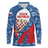 Czech Republic Long Sleeve Polo Shirt with Blue Red Folk Pattern Design and National Lion Emblem - Wonder Print Shop