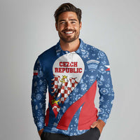 Czech Republic Long Sleeve Polo Shirt with Blue Red Folk Pattern Design and National Lion Emblem - Wonder Print Shop