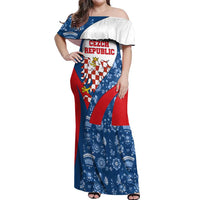 Czech Republic Off Shoulder Maxi Dress with Blue Red Folk Pattern Design and National Lion Emblem - Wonder Print Shop