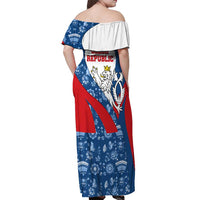 Czech Republic Off Shoulder Maxi Dress with Blue Red Folk Pattern Design and National Lion Emblem - Wonder Print Shop