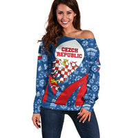 Czech Republic Off Shoulder Sweater with Blue Red Folk Pattern Design and National Lion Emblem - Wonder Print Shop