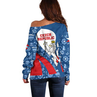 Czech Republic Off Shoulder Sweater with Blue Red Folk Pattern Design and National Lion Emblem - Wonder Print Shop