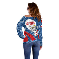 Czech Republic Off Shoulder Sweater with Blue Red Folk Pattern Design and National Lion Emblem - Wonder Print Shop