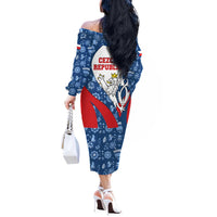 Czech Republic Off The Shoulder Long Sleeve Dress with Blue Red Folk Pattern Design and National Lion Emblem - Wonder Print Shop