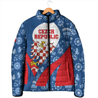 Czech Republic Padded Jacket with Blue Red Folk Pattern Design and National Lion Emblem - Wonder Print Shop