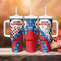 Czech Republic Tumbler With Handle with Blue Red Folk Pattern Design and National Lion Emblem - Wonder Print Shop