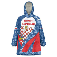 Czech Republic Wearable Blanket Hoodie with Blue Red Folk Pattern Design and National Lion Emblem - Wonder Print Shop