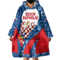 Czech Republic Wearable Blanket Hoodie with Blue Red Folk Pattern Design and National Lion Emblem - Wonder Print Shop